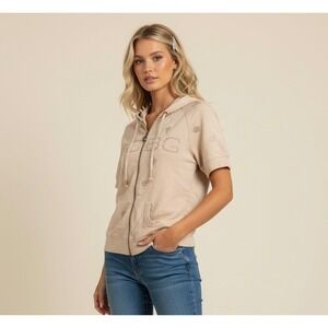 Vintage Y2K BCBG Max Azria Large Beige‎ Rhinestone Short Sleeve Hoodie